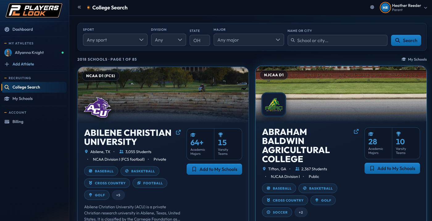 Every School. Every Coach. One Search. — Players Look screenshot